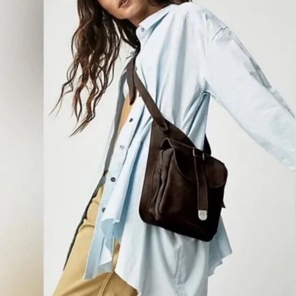 Free People Cornell Suede/Leather Sling Crossbody Bag Brown/Sliver tone Used - Picture 1 of 8
